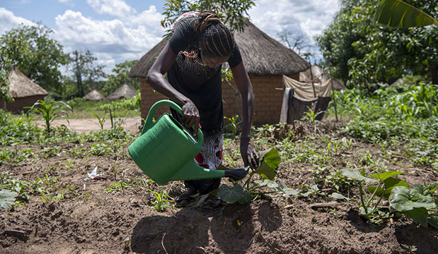 A mother in south sudan tends to her garden.