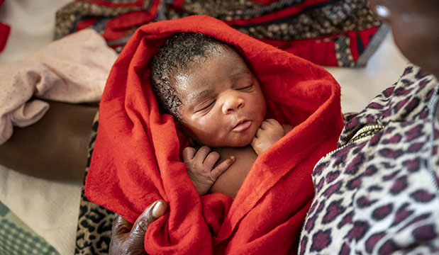 A newborn baby is swaddled in a red blanket.